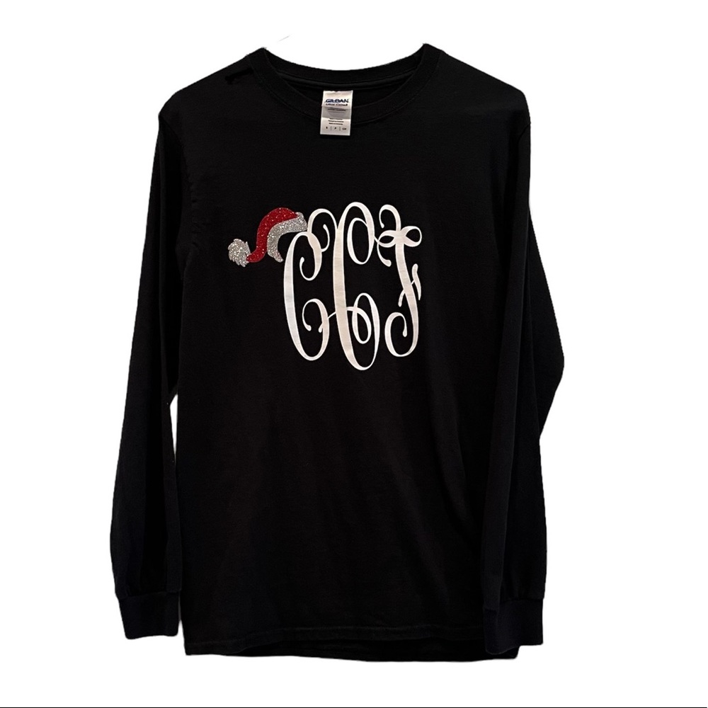 Black Christmas long sleeve t-shirt with Santa hat  Glitter Monogram cCf Size S